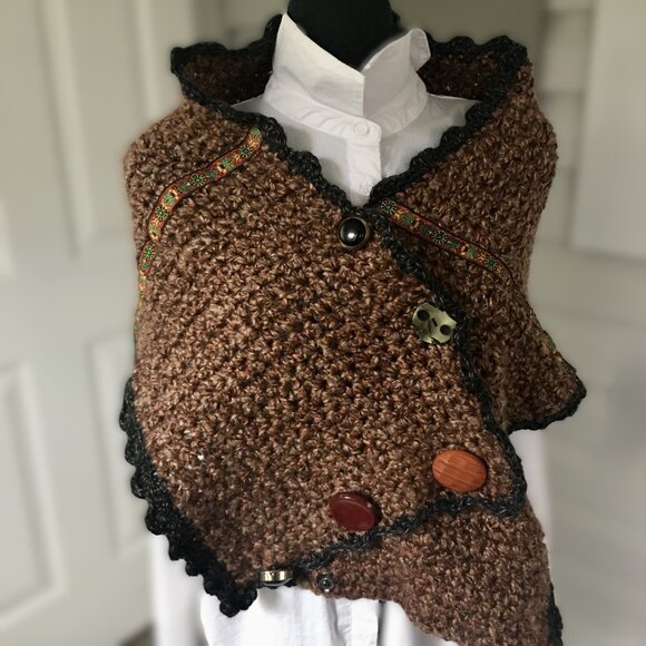 Hand Crafted Accessories - Hand Crocheted Marled Brown Black Picot Edge Vintage Button Ribbon Shrug Wrap